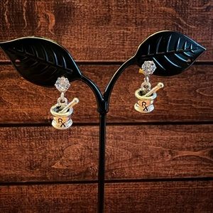 Silver Rx pharmacy mortar and pestle earrings